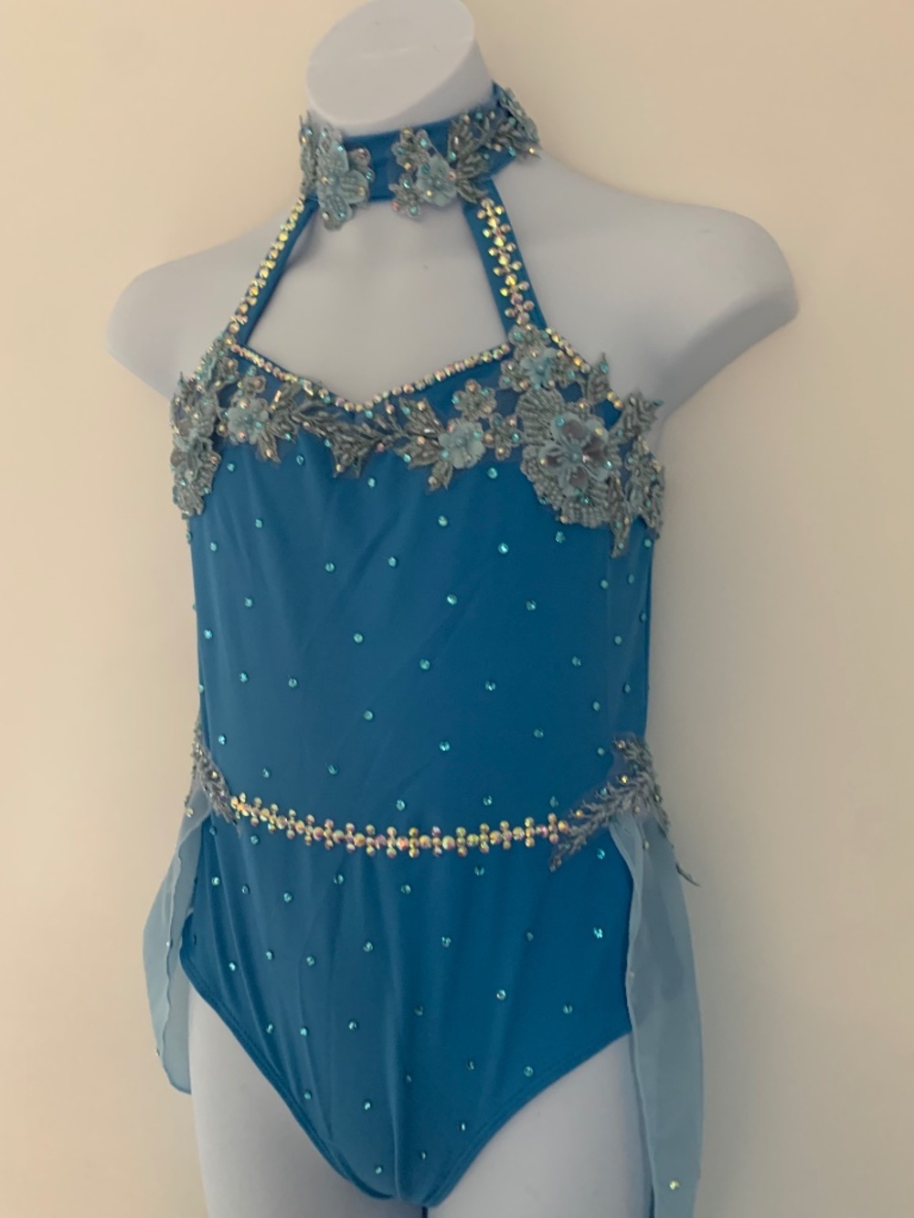 Blue Rhinestone Lyrical Dance Costume, Child Size 14, with Hairpiece - Picture 4 of 8